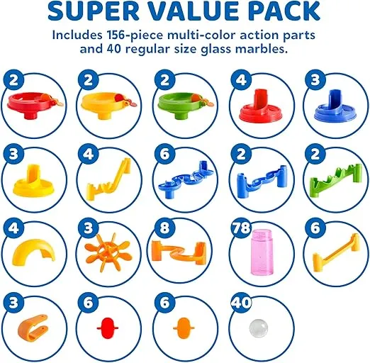 JOYIN Marble Run Premium Set(196 Pcs- Construction Building Blocks Toys, STEM Educational Toy, Building Block Toy(156 Translucent Plastic Pieces+ 40 Glass Marbles)