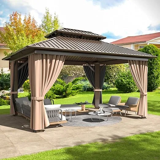 10x12 FT Hardtop Gazebo with Aluminum Frame, Galvanized Steel Double Roof Gazebo with Nettings and Curtains, Permanent Outdoor Metal Pavilion for Patio, Deck, Lawn and Garden
