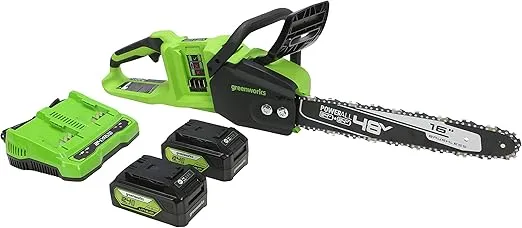 Greenworks 48V (2 x 24V) 16" Brushless Cordless Chainsaw (Great For Tree Felling, Limbing, Pruning, and Firewood / 125+ Compatible Tools), (2) 4.0Ah Batteries and Dual Port Rapid Charger Included