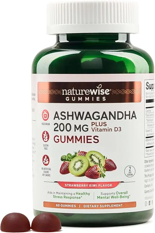 NatureWise Ashwagandha Gummies - Strawberry Kiwi - KSM-66 Ashwagandha with Vitamin D3 - Calming Mood Support - Vegetarian - Non-GMO, Gelatin and Gluten Free - 60 Count[1-Month Supply]
