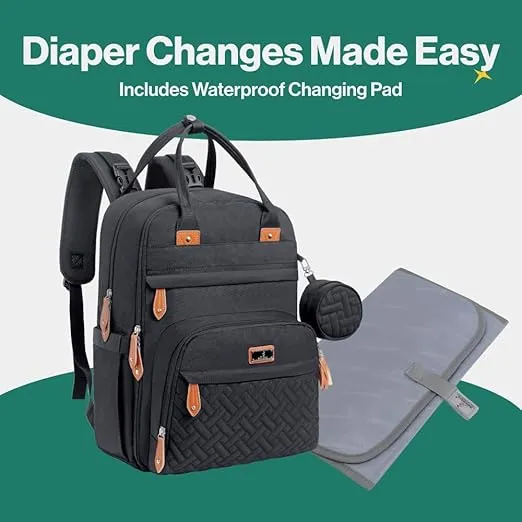 BabbleRoo Diaper Bag Backpack - Tote - Multi function Waterproof Diaper Bag, Travel Essentials Baby Bag with Changing Pad, Stroller Straps & Pacifier Case - Unisex, Black