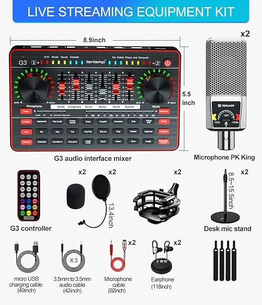 Audio Mixer with Sound Card, tenlamp Two 3.5mm Studio Condenser Microphone and G3 Audio interface, Sound Board Voice Changer, Podcast Equipment Bundle for PC Recording Gaming Live Streaming Podcast