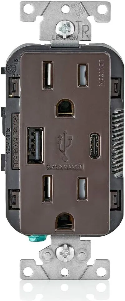 Leviton T5633-B Type A & Type-C USB In-Wall Charger with 15A Tamper-Resistant Outlet, USB Charger for Smartphones and Tablets. Not for Laptops, Brown