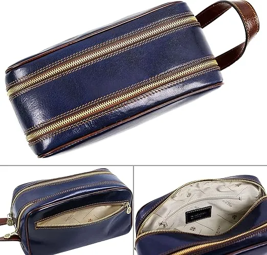 Time Resistance Leather Cosmetic Bag Toiletry Italian Classy Dopp Kit