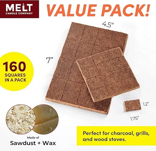 Fire Starter Squares, 160 pcs - Fire Starters for Campfires, Grill, Outdoor Fire Pit, Fireplace, BBQ - Fire Starter Kit, Water Resistant & Odorless - Camping Accessories