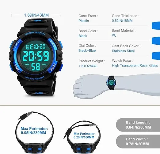 Kids Digital Watch, Boys Sports Waterproof Led Watches with Alarm Wrist Watches for Boy Girls Children