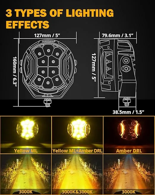 Auxbeam V-ULTRA Series LED Round Light Pods, 5 Inch 172W Offroad Driving Side Shooter Light with Amber DRL, 270° Wide Range 20400LM Yellow/Amber Fog Light Hyper Spot Beam Ditch Lights with Black Cover
