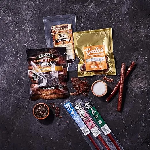 Man Crates, Exotic Meats Crate – Includes 6 Rare Jerky Flavors Like Venison, Alligator, Elk and Nut Snacks – Ships In A Sealed Wooden Crate With A Laser-Etched Crowbar