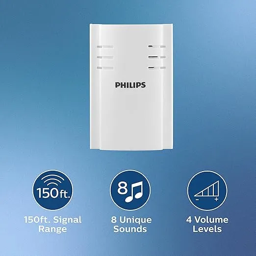 Philips Wireless Doorbell Kit, Plug-In Reciever, 1 Push Button, 8 Melodies, 4 Volume Levels, 150 Ft Range, White, DES2180W/27