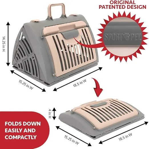 SportPet Designs Foldable Travel Cat Carrier - Front Door Plastic Collapsible Carrier, Gray and Tan, Medium (Pack of 1)