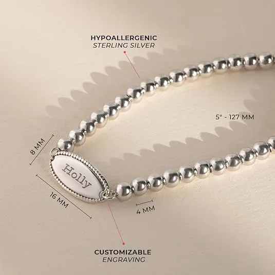 925 Sterling Silver 5"- 5.5" Polished Ball Chain Tag ID Bracelet for Toddlers and Little Girls - Personalized Identification Bracelets for Children - Simple Bracelets For Toddler Girls