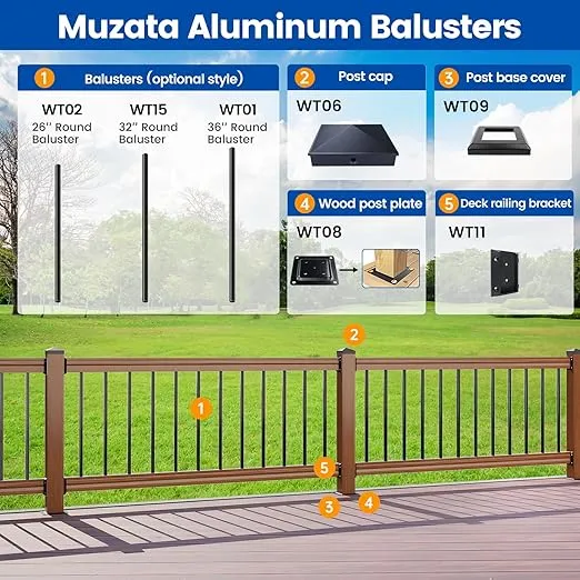 Muzata 25Pack 36" Aluminum Deck Balusters Round Black Deck Railing Stair Porch Staircase Spindles 3/4" Diameter Hollow for Wood and Composite Deck WT01