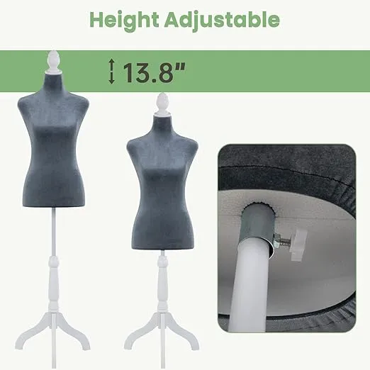 Mannequin Body Dress Form Torso Female Manikin 49.6-63.4 Inch Height Adjustable Wooden Tripod Stand High Density Foam Portable Display Mannequin (Grey, 49.6-63.4 Inches)