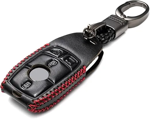 Vitodeco Genuine Leather Smart Key Fob Case with Leather Key Strap Compatible with Mercedes-Benz A, C, E, S, CLA, CLS, GLA, GLB, GLC, GLE, GLS, G Glass 2017-2024 (4-Button, Black/Red)