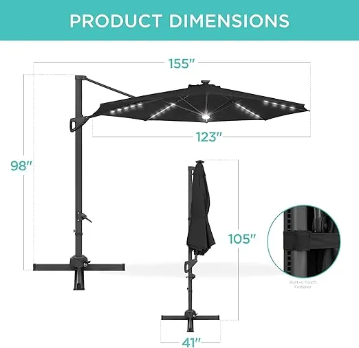 Best Choice Products 10ft Solar LED Cantilever Patio Umbrella, 360-Degree Rotation Hanging Offset Market Outdoor Sun Shade for Backyard, Deck, Poolside w/Lights, Easy Tilt, Cross Base
