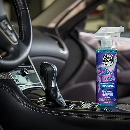 Chemical Guys AIR23416 Stay Fresh Baby Powder Scented Premium Air Freshener and Odor Eliminator, (Great for Cars, Trucks, SUVs, RVs, Home, Office, Dorm Room & More) 16 fl oz