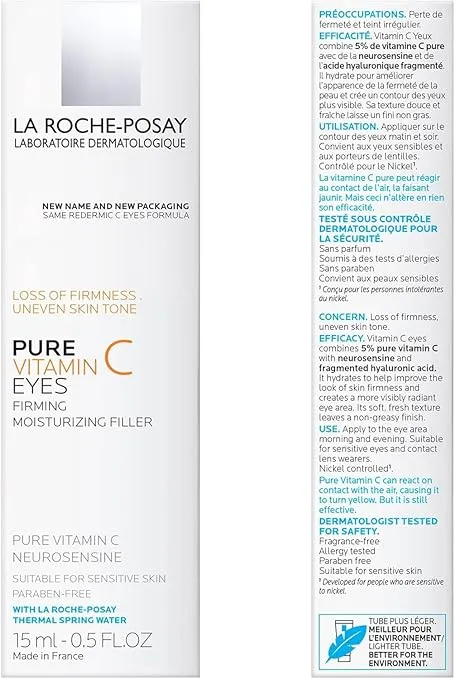 La Roche-Posay Redermic C Pure Vitamin C Eye Cream with Hyaluronic Acid to Reduce Wrinkles for Anti-Aging Effect, 0.5 Fl Oz (Pack of 1)
