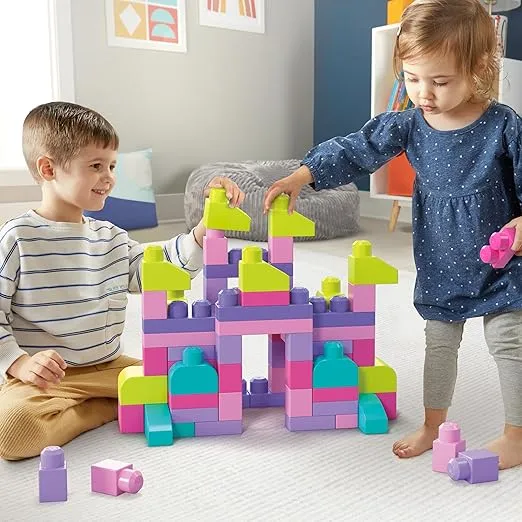 MEGA BLOKS First Builders Toddler Blocks Toys Set, Big Building Bag with 80 Pieces and Storage, Pink, Ages 1+ Years