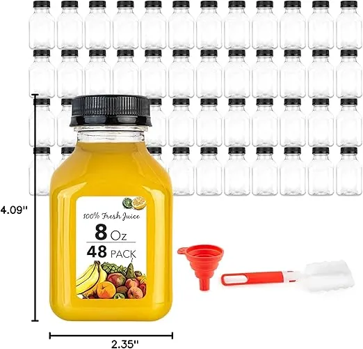8 oz Juice Bottles with Caps for Juicing - Reusable Plastic Bottles with Lids - 8 Oz Drink Containers for Mini Fridge, Juicer Shots, Small Water Bottles - Includes Labels, Brush & Funnel - (48 Pack)