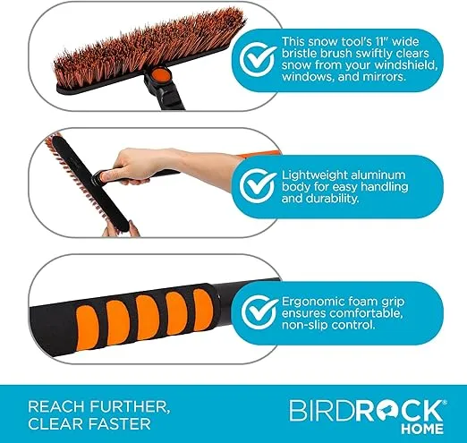 BIRDROCK HOME 50" Extendable Snow Brush with Ice Scraper for Car, Truck, SUV | 11" Wide Bristle Brush | Lightweight Aluminum Body, Ergonomic Grip | Portable Winter Auto Cleaning Tool for Windshield