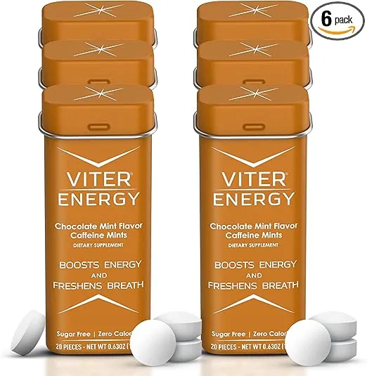Viter Energy Caffeinated Mints 40mg Caffeine, B Vitamins, Sugar Free. (Chocolate Mint, 20pcs, 6 Pack)
