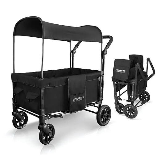 WONDERFOLD W1 Original Stroller Wagon (2 Seater) - Collapsible Wagon Stroller with Seats with 5-Point Harnesses, Adjustable Push Handle, and Sun Canopy, Jet Black