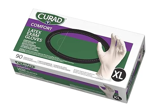 CURAD Comfort Disposable Medical Latex Gloves, Powder-Free, Textured, Premium Quality for Healthcare Professionals, Size X-Large, Box of 90