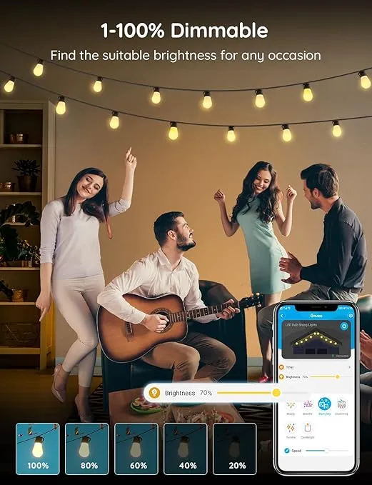 Govee Outdoor String Lights, 48ft Smart Outdoor String Lights with 15 Dimmable Warm White LED Bulbs, IP65 Waterproof Shatterproof Patio Lights for Party, Wedding, Christmas Decorations, 70lm per Bulb