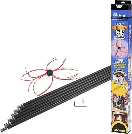 SootEater Rotary Chimney Cleaning Kit - Ultimate RCH205-B Chimney Sweep Kit & Wood Stove Chimney Kit with Trim-to-Fit Spinning Chimney Whip.