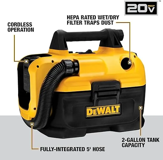 DEWALT 20V MAX Cordless Wet-Dry Vacuum, Portable Shop Vac, 2 Gallon Tank Capacity, Tool Only (DCV580H)