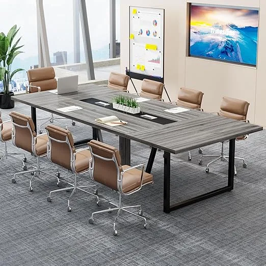 Tribesigns 8FT Conference Table, 94.49 L x 47.24 W x 29.53 H Inches Large Meeting Table Podcast Table for 10 People, Wooden Seminar Training Table with Strong Metal Frame for Office Business