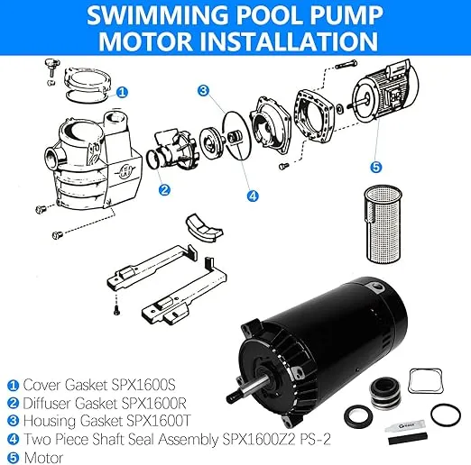 UST1152 Pool Pump Motor and Seal Replacement Kit Pool Pump Motor 1.5 HP Up-Rated C Face 56J Frame Compatible with Hayward Super Max-Flow Northstar Jacuzzi Magnum Pumps