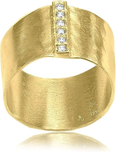 14K Gold Over Sterling Silver Statement Rings With 0.18 TCW Cubic Zirconia, Textured Hammered Wide Band, Dainty Gold Rings, Gifts For Women, Aesthetic Jewelry, Rings For Women, Gold Jewelry For Women