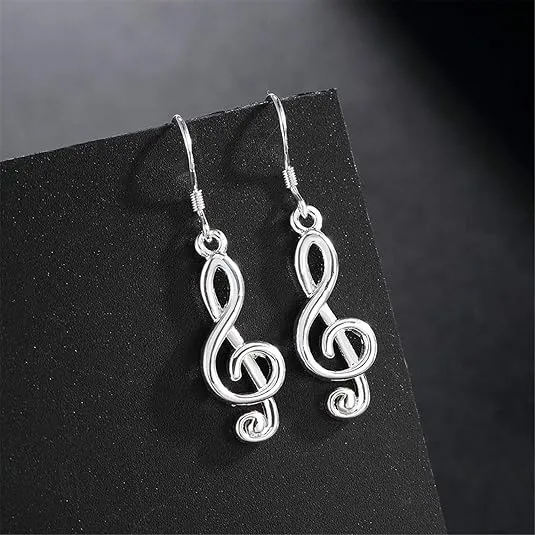 ONLYJUMP 925 Sterling Silver Musical Note Earrings for Women Unique Fun Treble Clef Opal Polished Hook Earrings for Music Lover (Silver)