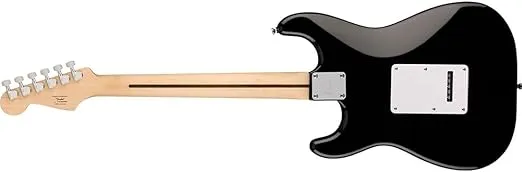 Squier Sonic Stratocaster Electric Guitar, Black, Maple Fingerboard, White Pickguard Bundle with Fender Logo Guitar Strap Black, Fender 12-Pack Celluloid Picks, and Straight/Angle Instrument Cable