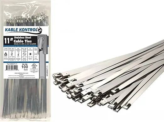 Kable Kontrol Metal Zip Ties 11 Inch 100 Pcs, 200 Lbs Tensile Strength, Self-locking Multi-Purpose 304 Stainless Steel Heavy Duty Cable Ties Ideal for Exhaust Wrap, Outdoor and Indoor Use