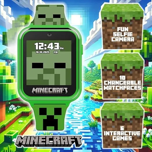 Accutime Minecraft Kids Green Educational Learning Touchscreen Smart Watch Toy for Girls, Boys, Toddlers - Selfie Cam, Learning Games, Alarm, Calculator, Pedometer & More (Model: MIN4130AZ)