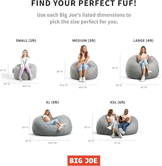 Big Joe Fuf XL Foam Filled Bean Bag Chair with Removable Cover, Gray Plush, Soft Polyester, 5 feet Giant
