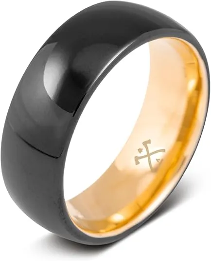 Manly Bands | The Record Producer | Black Mens Wedding Band with 14K Gold Plated Sleeve | Ring Sizes 5-17 | 8mm Width | Mens Tungsten Wedding Band | Black Ring for Men | Mens Comfort Fit Wedding Band