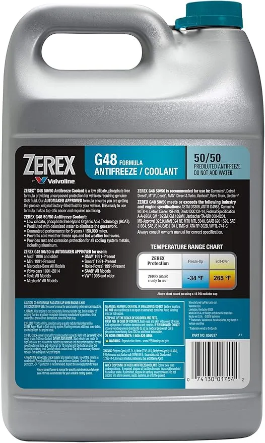 Zerex G48 Low Silicate/Phosphate Free 50/50 Prediluted Ready-to-Use Antifreeze/Coolant, 1 GA