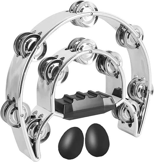 EASTROCK Tambourine Music Percussion Instrument Double Row Metal Bell Handheld Half-Moon Tambourine Chrome Plated Handdrum Metallic Texture and Egg Shakers for Adults KTV Party Band (Sliver)