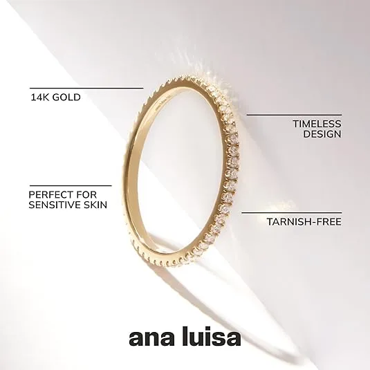 Ana Luisa Gold Eternity Ring - Dainty Gold Ring - 14K Gold Plated Rings For Women - Thin Gold Stacking Ring - Simple, Minimalist Gold Band With Cubic Zirconia Gems - Hypoallergenic - Women Gift Ideas