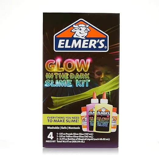 Elmer's Glow-in-the-Dark Slime Kit (2062242), Yellow + Purple Glow, 4 Piece Kit