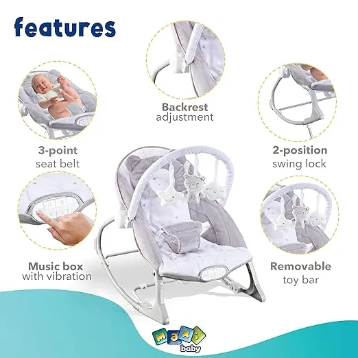 Baby Bouncer Seat, Baby Rocker, Swings and Vibrations Infant Seats, Portable Baby Swing with Music Box and Toys, Back-Up Pillow, Adjustable Position, Newborn to Toddler, Gray Polar Bear- MAXIBABY