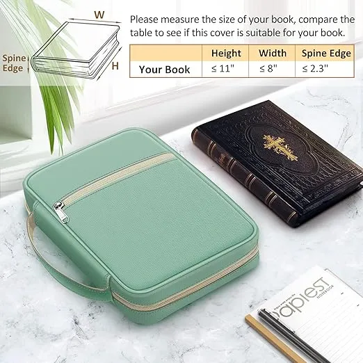 FINPAC Bible Cover, Carrying Book Case Church Bag Bible Protective with Handle and Zippered Pocket, Gift for Mother Lady Women Men, Light Green