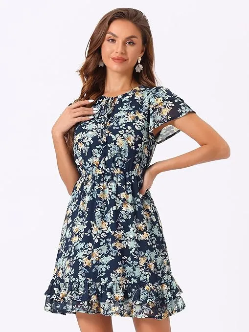 Allegra K Women's Ruffle Sleeve Self-Tie V Neck Above Knee Ruffled A-Line Floral Chiffon Dress