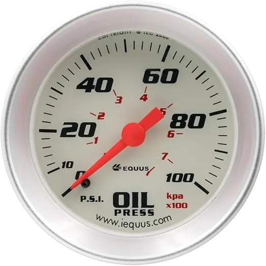 Equus 8244 2" Mechanical Oil Pressure Gauge, White with Aluminum Bezel