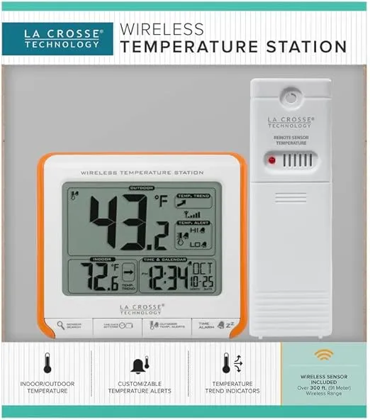 La Crosse Technology 308-179OR Wireless Temperature Humidity Station with Trends & Alerts, Orange/White