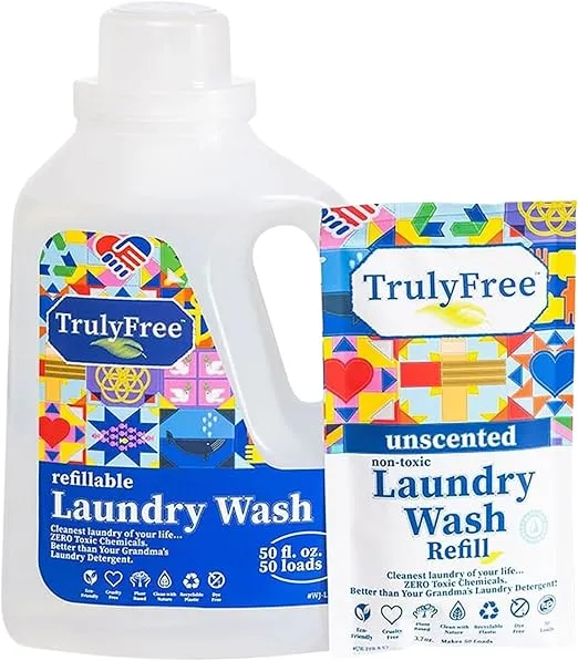 Truly Free Laundry Wash Detergent for Sensitive Skin, Gentle & Safe for Baby Clothes | Plant-Based, Natural Ingredients | Unscented | Include 1 Refillable Bottle (50 Loads)