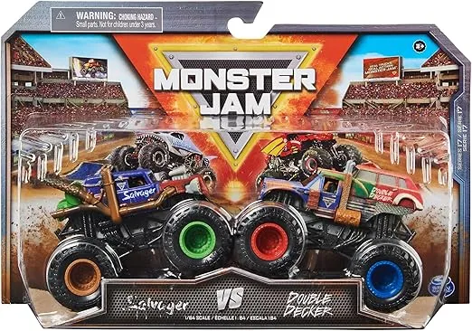 Monster Jam, Official Salvager Vs. Double Decker Die-Cast Monster Trucks, 1:64 Scale, Kids Toys for Boys Ages 3 and up